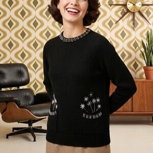 Vintage 80s Silk Angora Blend Black Beaded Pocket Flower Sweater Womens L